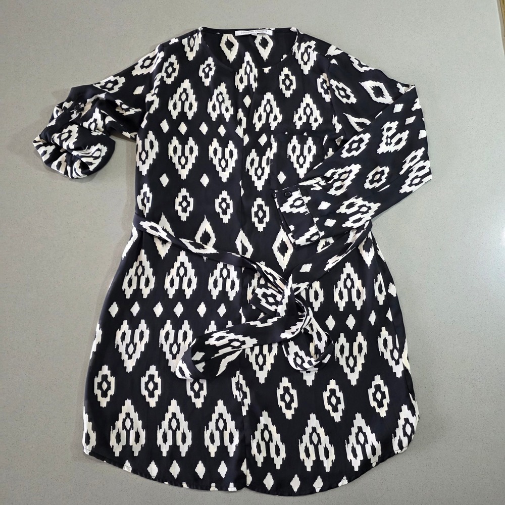 Collective Concepts Black White Ikat Print Tie Waist Blouse Small DS3351-08